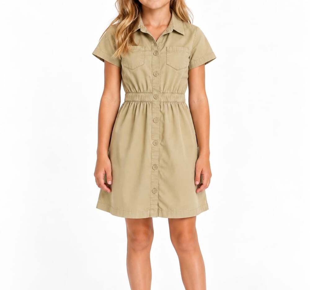 Cat & Jack Khaki Short Sleeve Button Front Safari Shirt Dress Elastic Waist